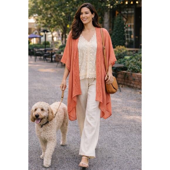 Coco + Carmen Jackets & Blazers - Coco+Carmen Kiara Lightweight Open Front Kimono Wrap Crochet Lace Trim One Size